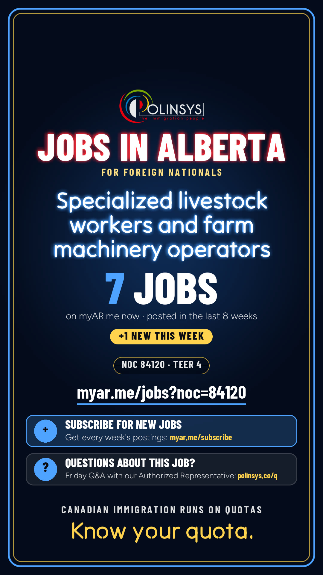 Job card: Specialized livestock workers and farm machinery operators (NOC 84120) — 7 jobs on myAR.me