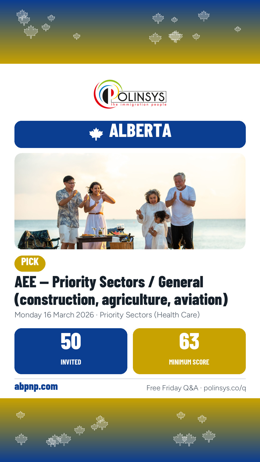 AEE — Priority Sectors / General (construction, agriculture, aviation) — 50 invitations, minimum score 63, 16 March 2026