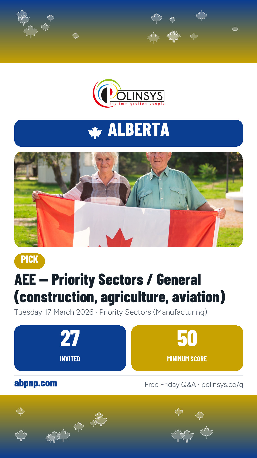 AEE — Priority Sectors / General (construction, agriculture, aviation) — 27 invitations, minimum score 50, 17 March 2026