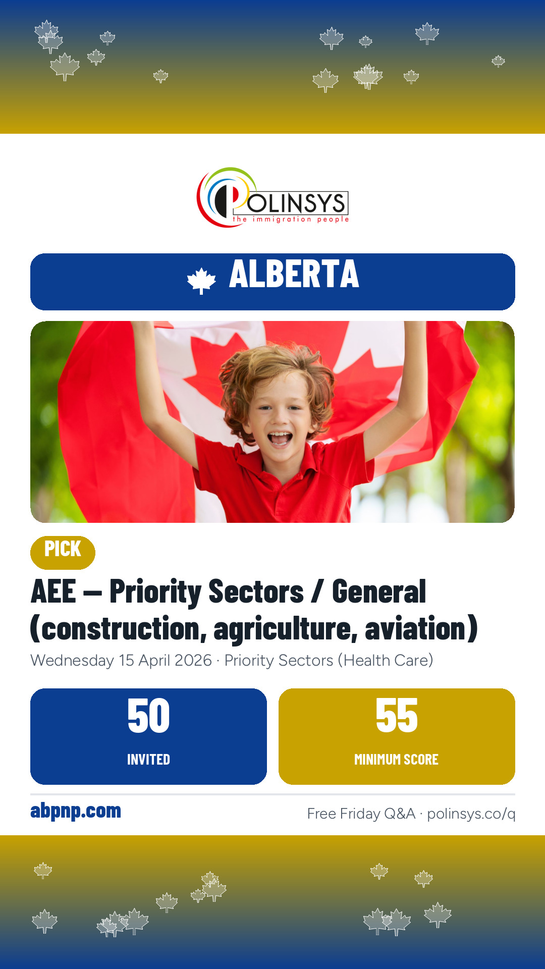 AEE — Priority Sectors / General (construction, agriculture, aviation) — 50 invitations, minimum score 55, 15 April 2026