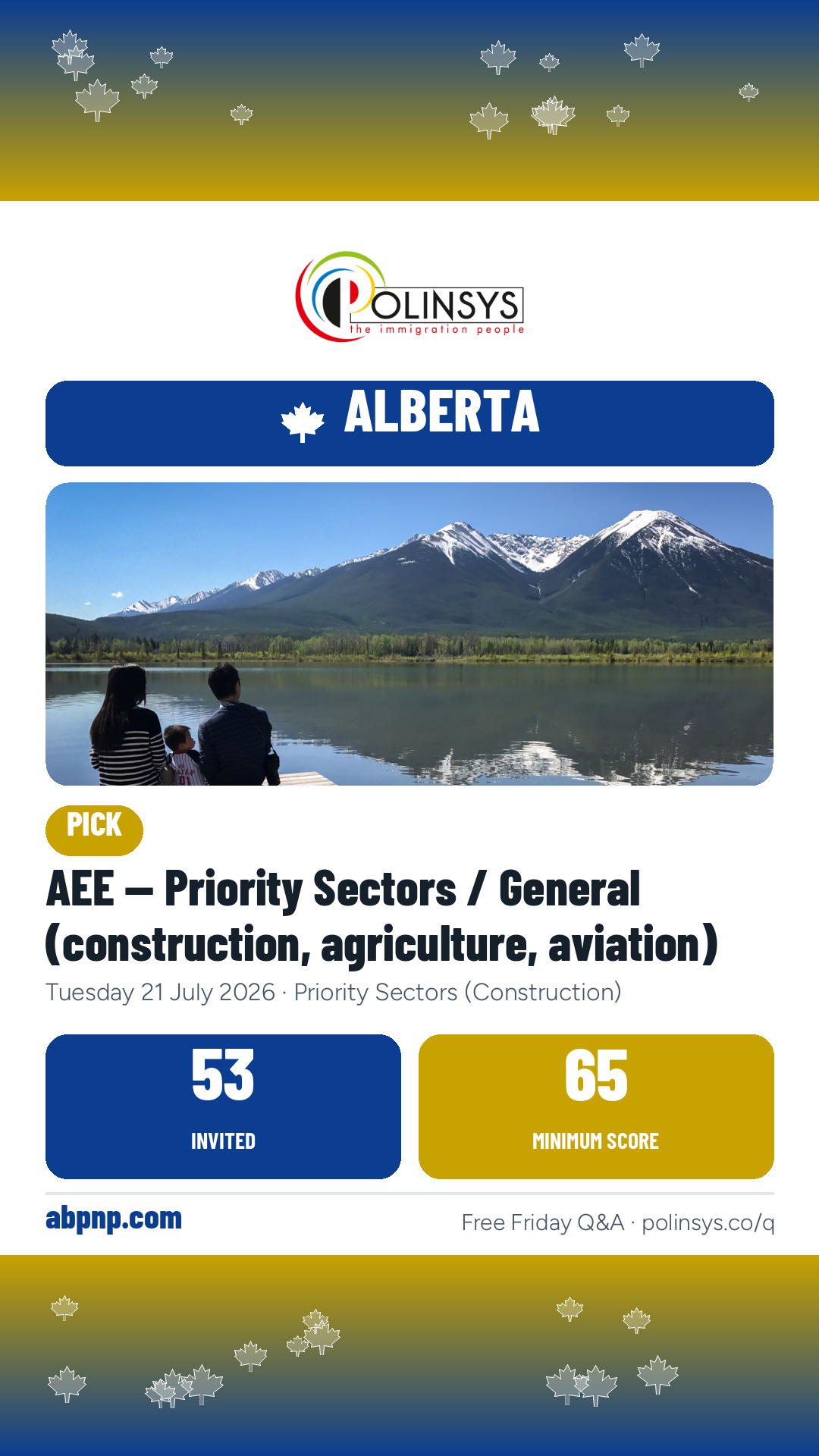 AEE — Priority Sectors / General (construction, agriculture, aviation) — 53 invitations, minimum score 65, 21 July 2026