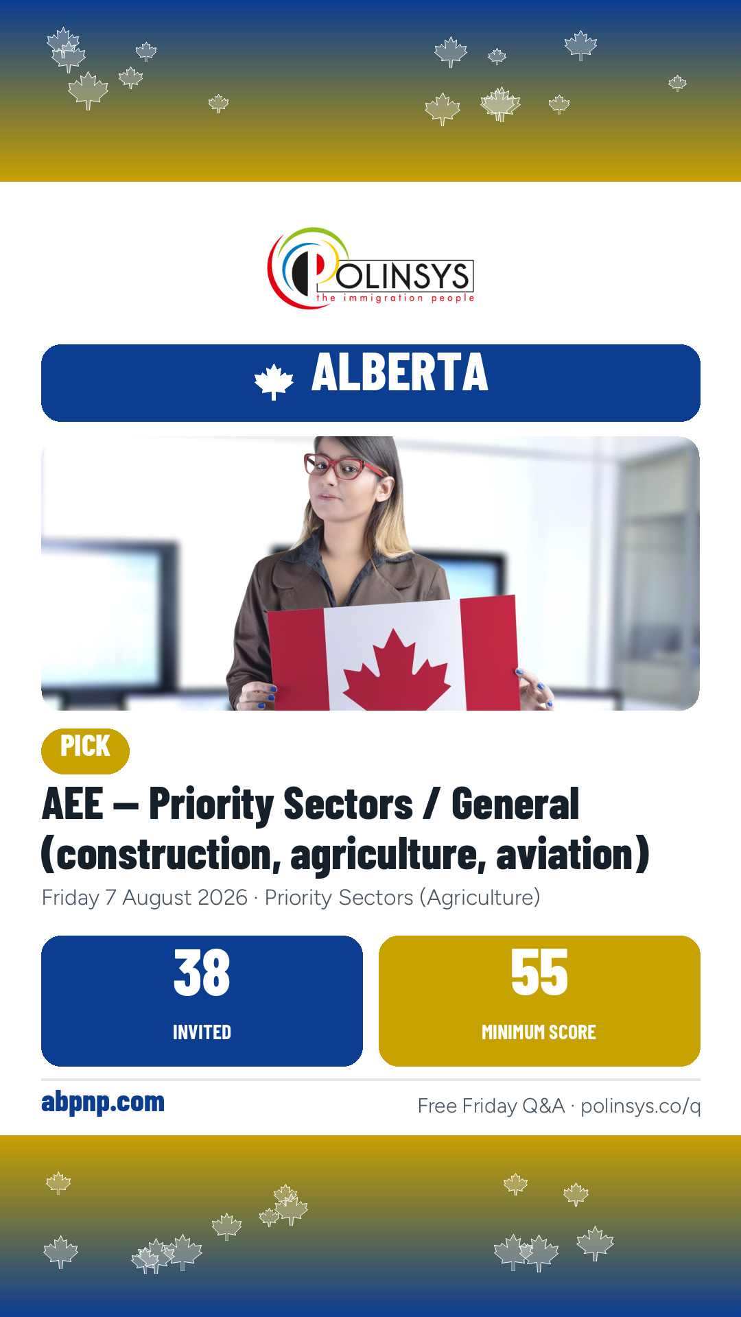 AEE — Priority Sectors / General (construction, agriculture, aviation) — 38 invitations, minimum score 55, 7 August 2026