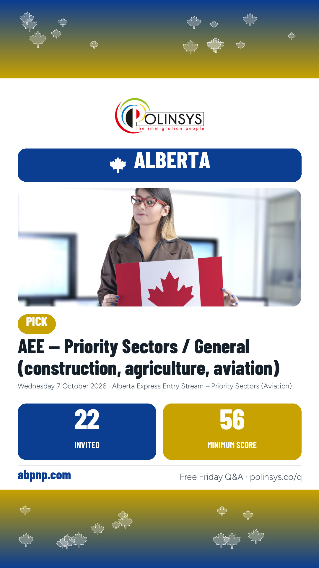 AEE — Priority Sectors / General (construction, agriculture, aviation) — 22 invitations, minimum score 56, 7 October 2026