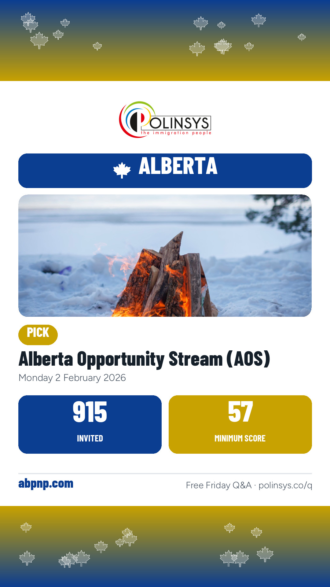 Alberta Opportunity Stream (AOS) — 915 invitations, minimum score 57, 2 February 2026