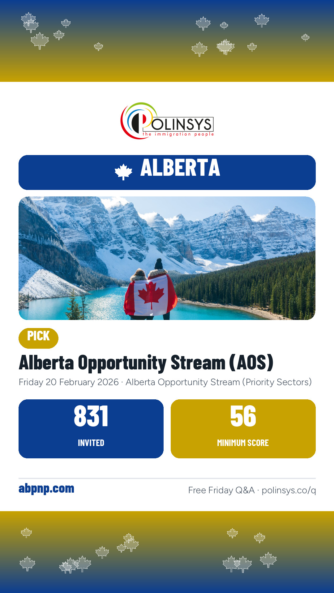 Alberta Opportunity Stream (AOS) — 831 invitations, minimum score 56, 20 February 2026