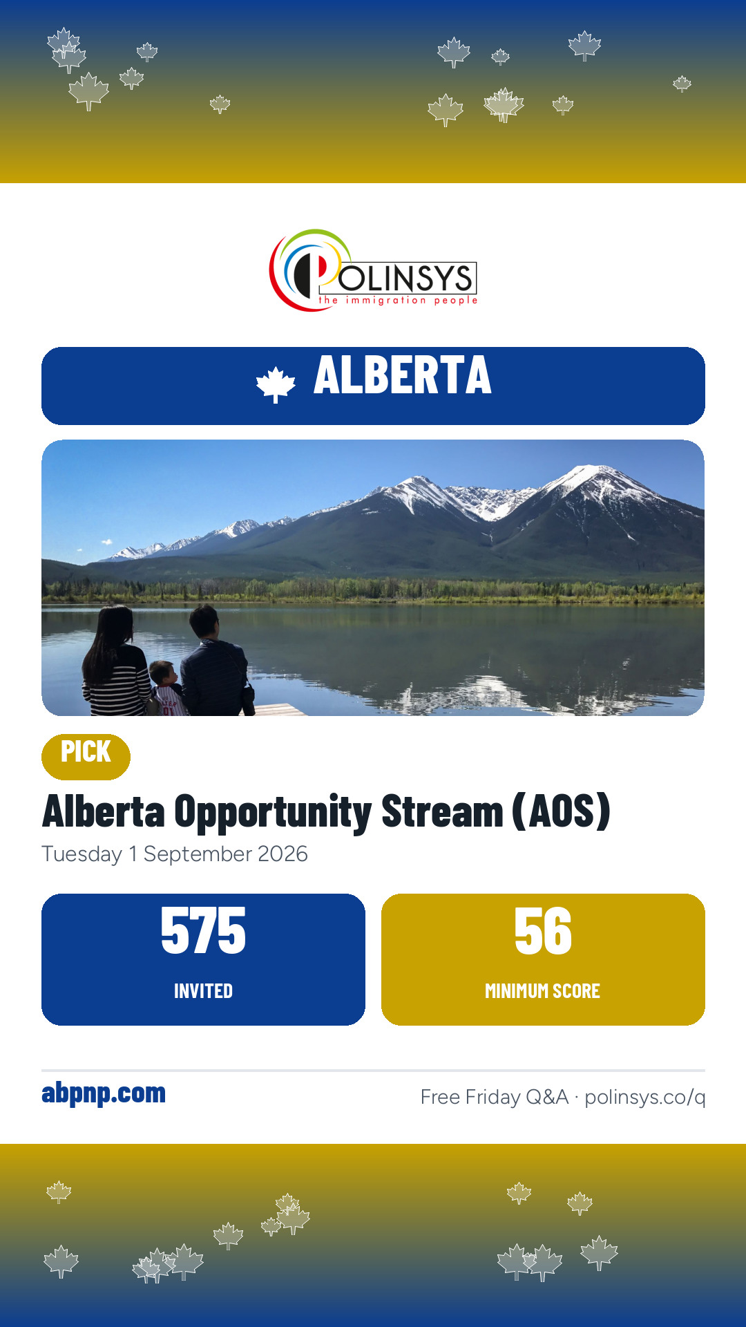 Alberta Opportunity Stream (AOS) — 575 invitations, minimum score 56, 1 September 2026