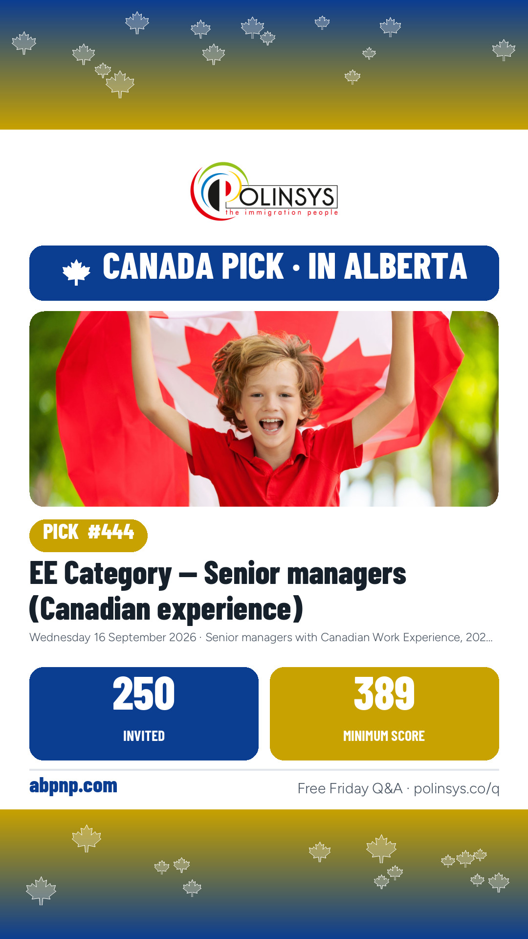 EE Category — Senior managers (Canadian experience) — 250 invitations, 16 September 2026 — in Alberta