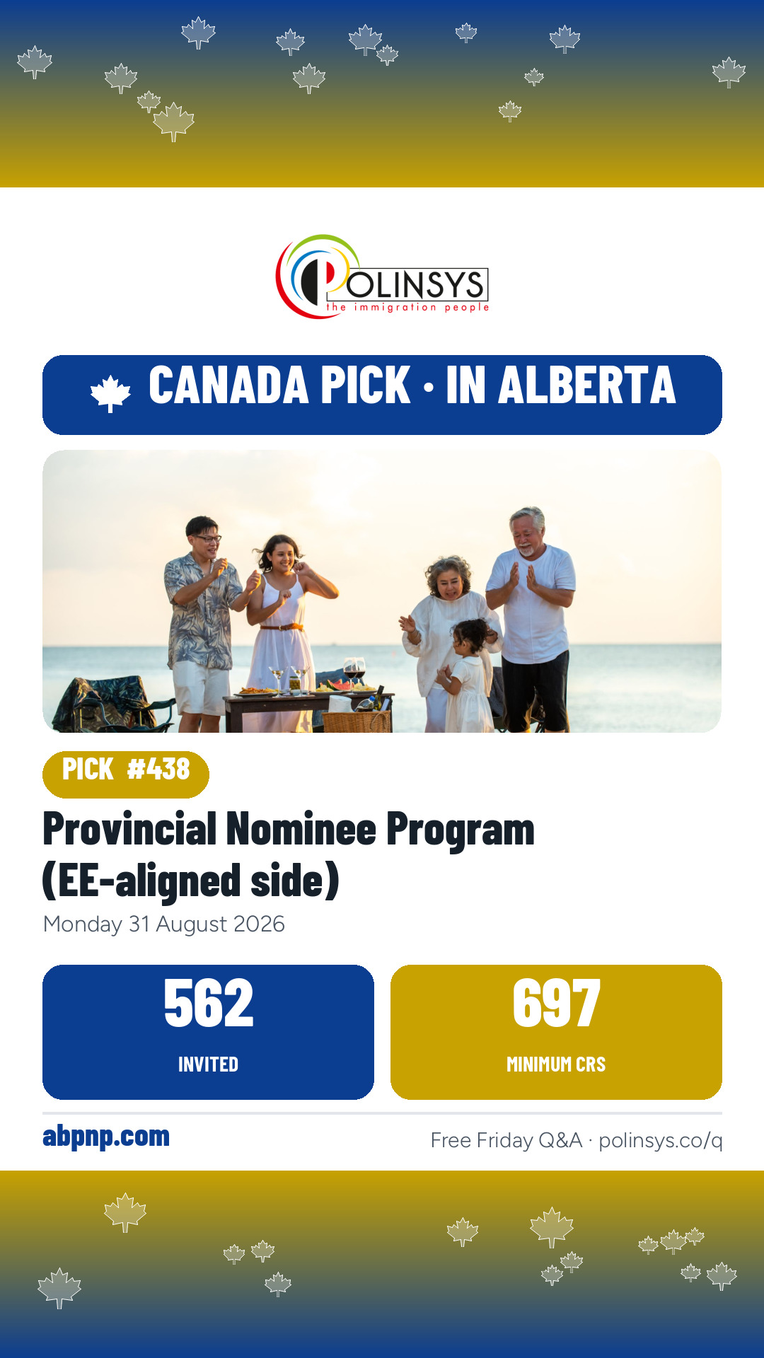 Provincial Nominee Program (EE-aligned side) — 562 invitations, 31 August 2026 — in Alberta