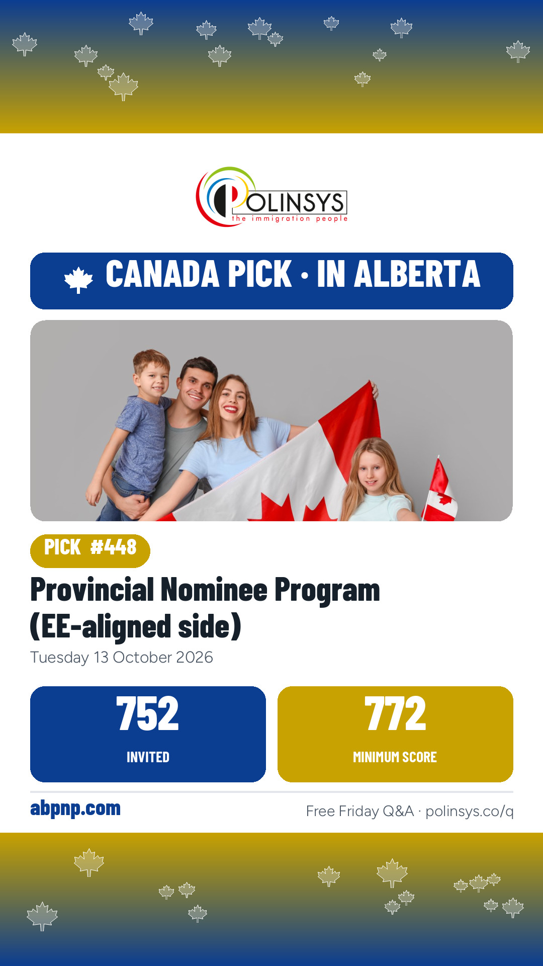 Provincial Nominee Program (EE-aligned side) — 752 invitations, 13 October 2026 — in Alberta